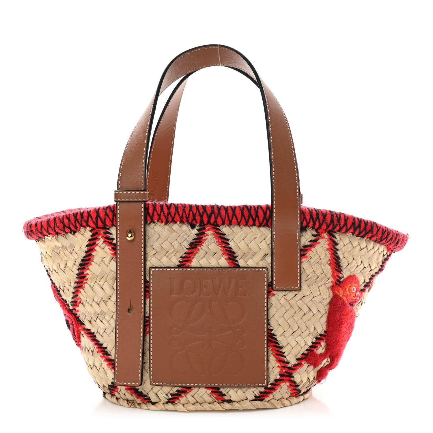 Loewe Embroidered Raffia Basket Tote Bag Natural Tan Red 1 of 12