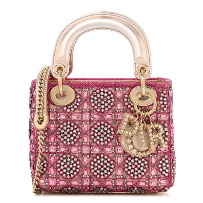 Christian Dior Metallic Calfskin Satin Celestial Bead Embroidery Cannage Mini Lady Dior Rose Des Vents 1 of 10
