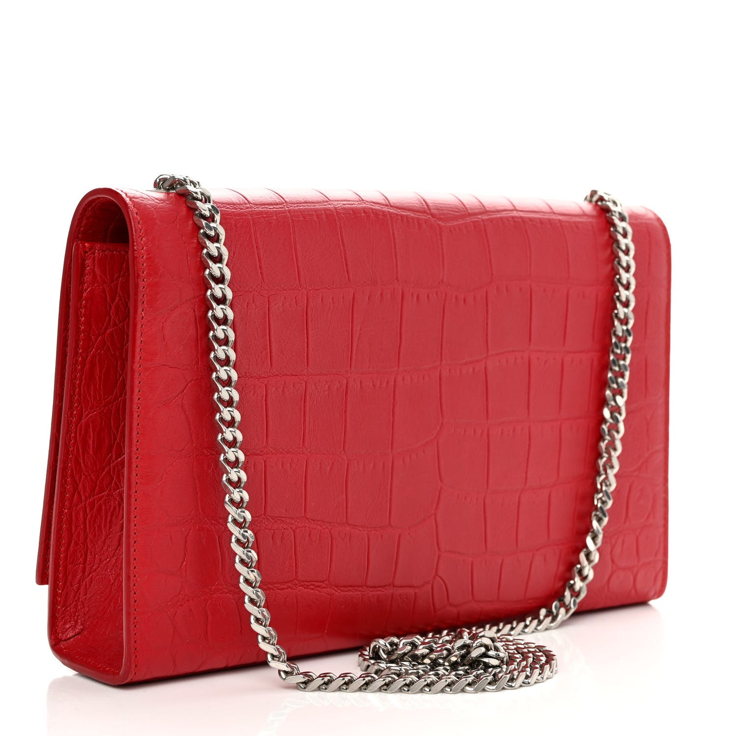 Calfskin Crocodile Embossed Small Classic Monogram Kate Tassel Satchel Red