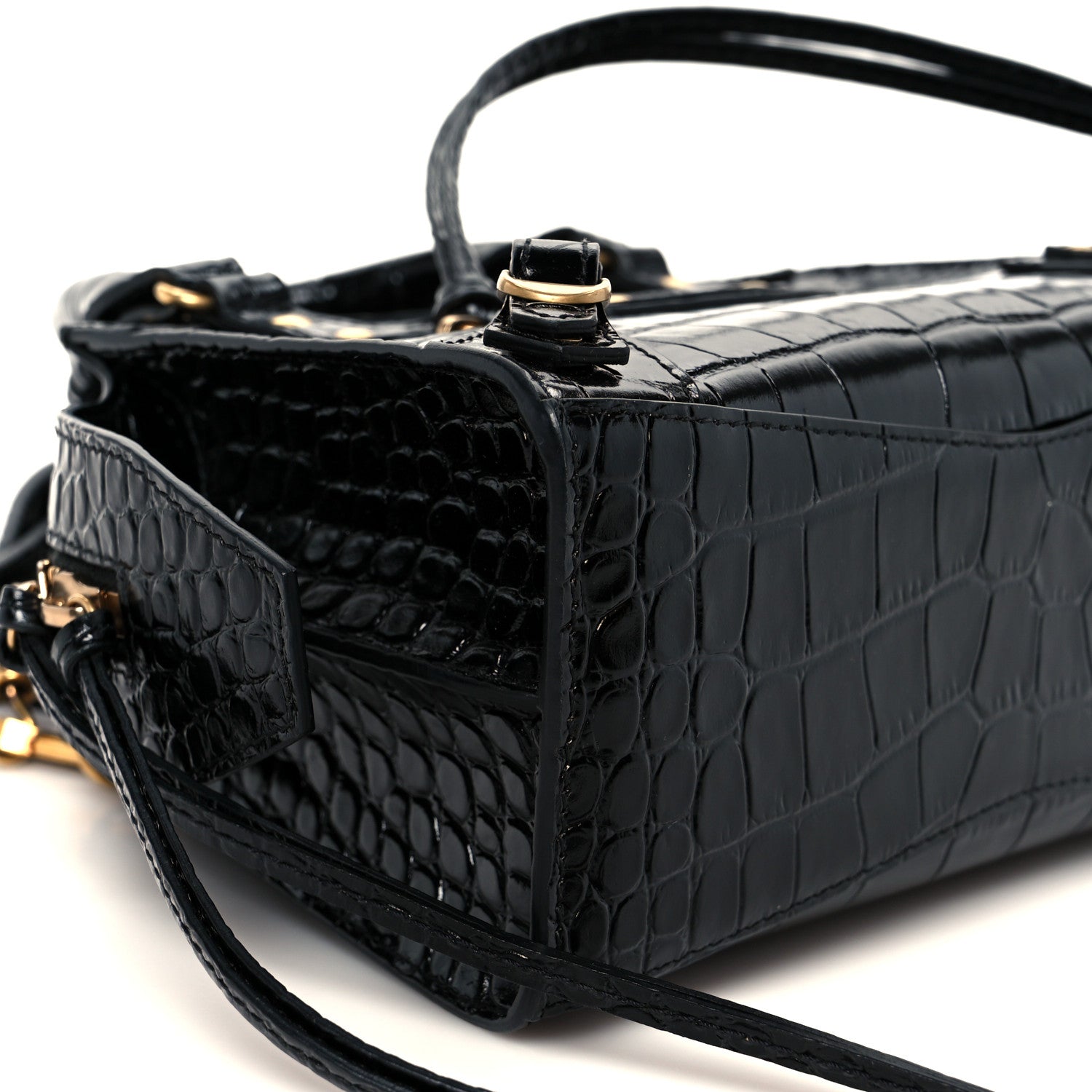 Balenciaga Shiny Supple Calfskin Crocodile Embossed Neo Classic Gold Hardware Mini City Black 10 of 11