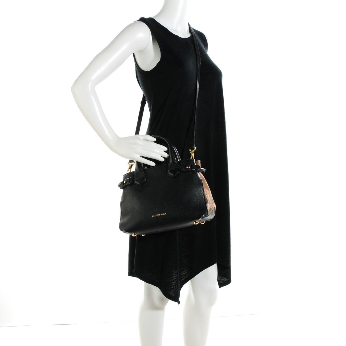 Calfskin House Check Small Banner Tote Black