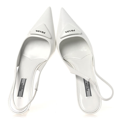 Prada Spazzolato Triangle Logo Pointed Toe 75mm Slingback Pumps 38 White 2 of 13