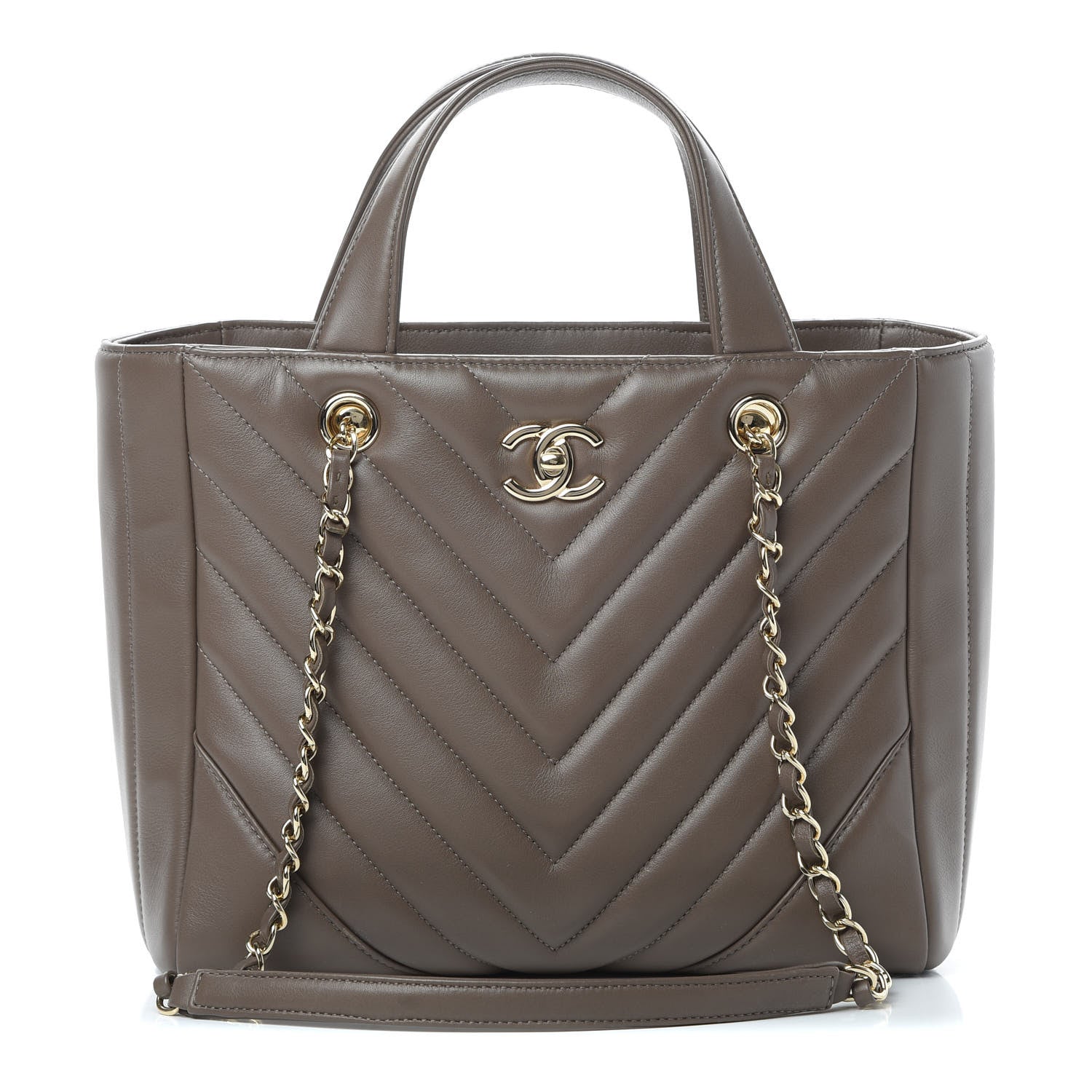 Chanel Calfskin Chevron Quilted Small Statement Shopping Tote Khaki 1 of 11