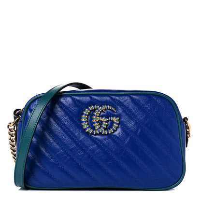 Gucci Azalea Calfskin Enamel Matelasse Diagonal Small Torchon GG Marmont Chain Shoulder Bag Imperial Blue Pavone 1 of 10