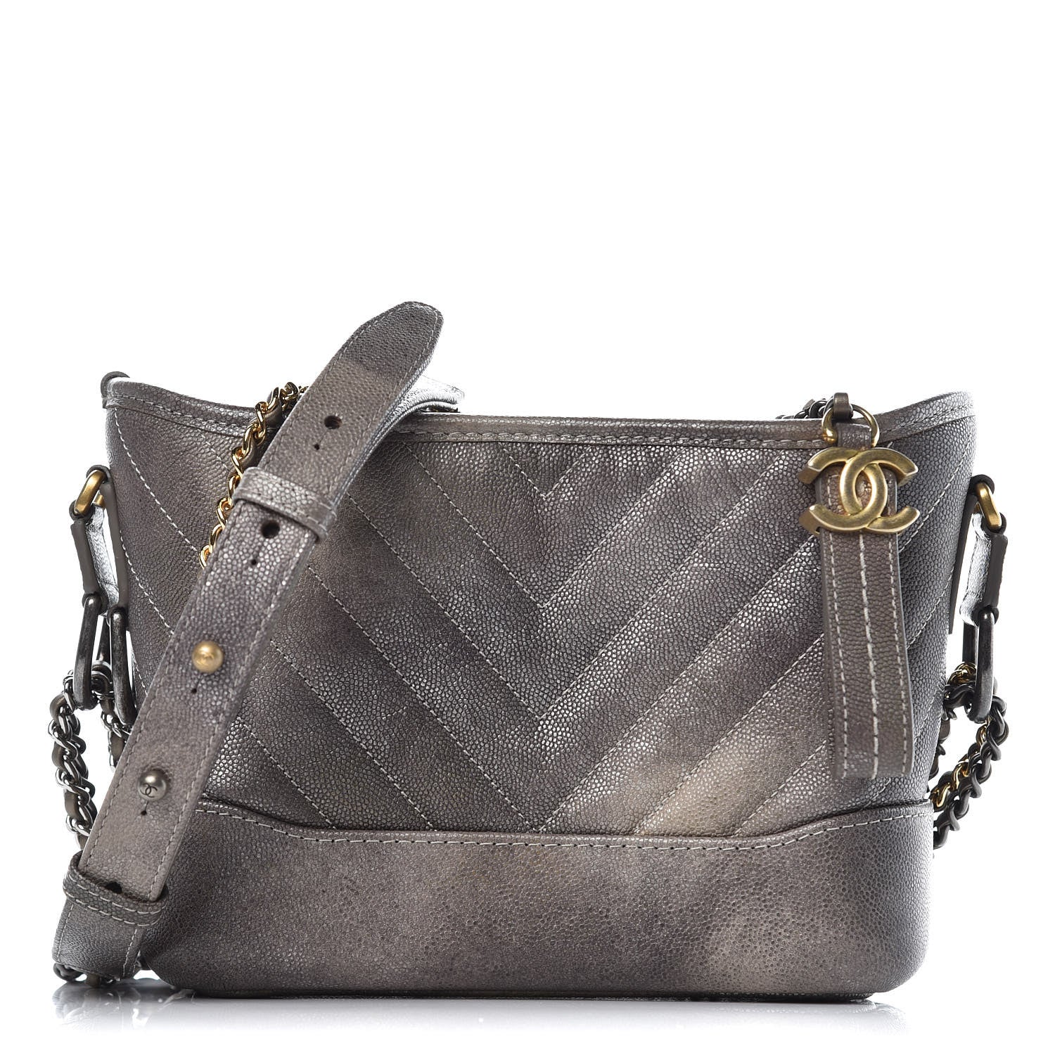Chanel Metallic Grained Goatskin Chevron Quilted Small Gabrielle Hobo Dark Silver Gold 1 of 8