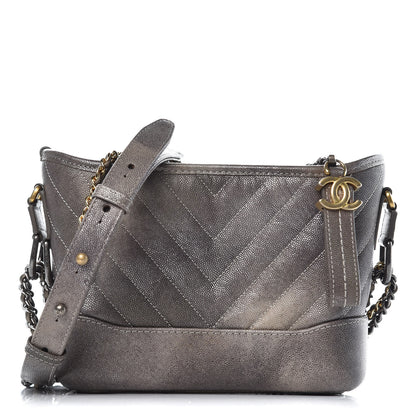 Chanel Metallic Grained Goatskin Chevron Quilted Small Gabrielle Hobo Dark Silver Gold 1 of 8