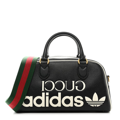 Gucci X ADIDAS Textured Dollar Calfskin Web Trefoil Logo Embossed Mini Bowling Bag Black Off White 1 of 10