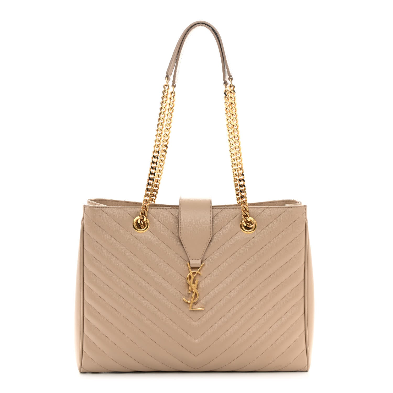 Saint Laurent Grain De Poudre Matelasse Chevron Monogram Shopping Bag Dark Beige 1 of 22