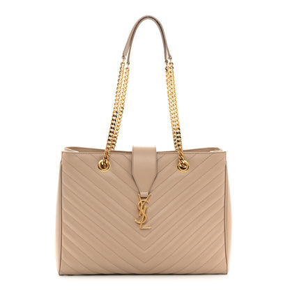 Saint Laurent Grain De Poudre Matelasse Chevron Monogram Shopping Bag Dark Beige 1 of 22