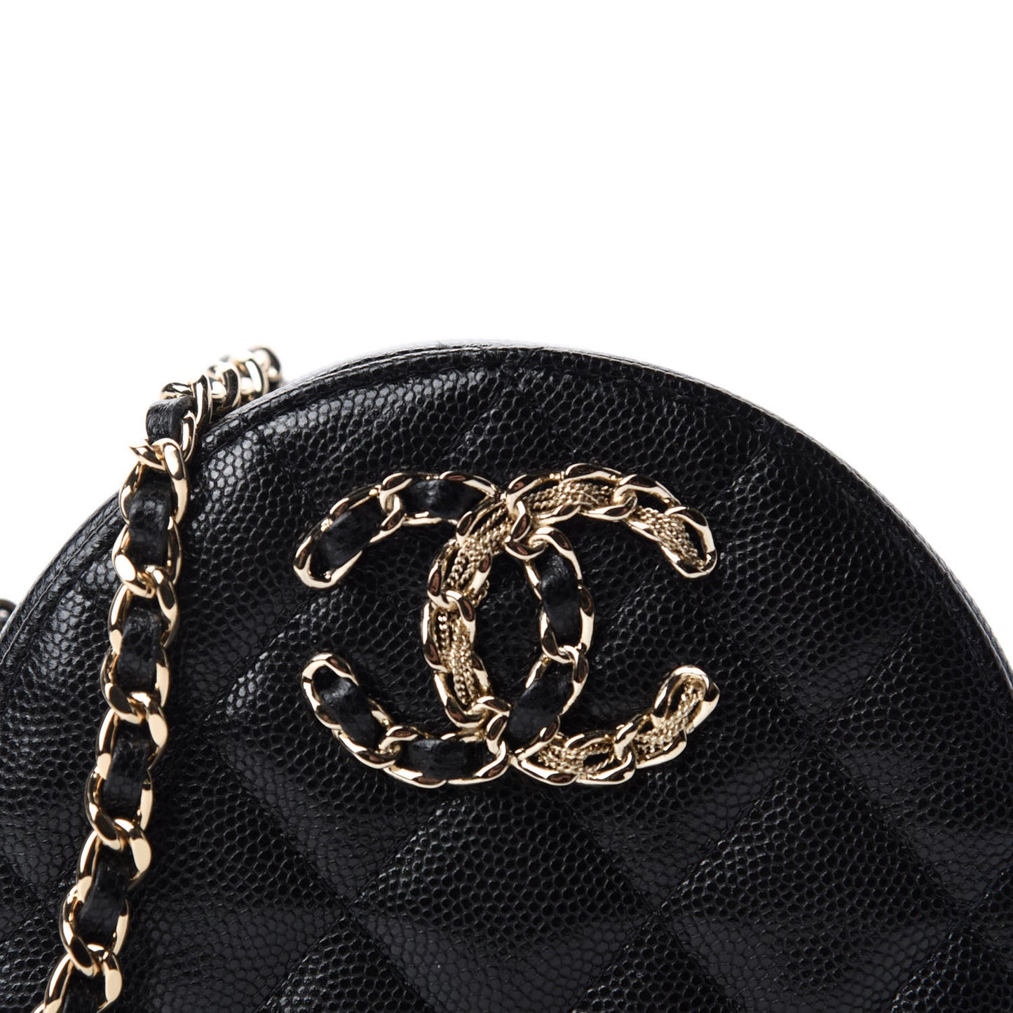 Caviar Quilted French New Wave Round Clutch With Chain Black