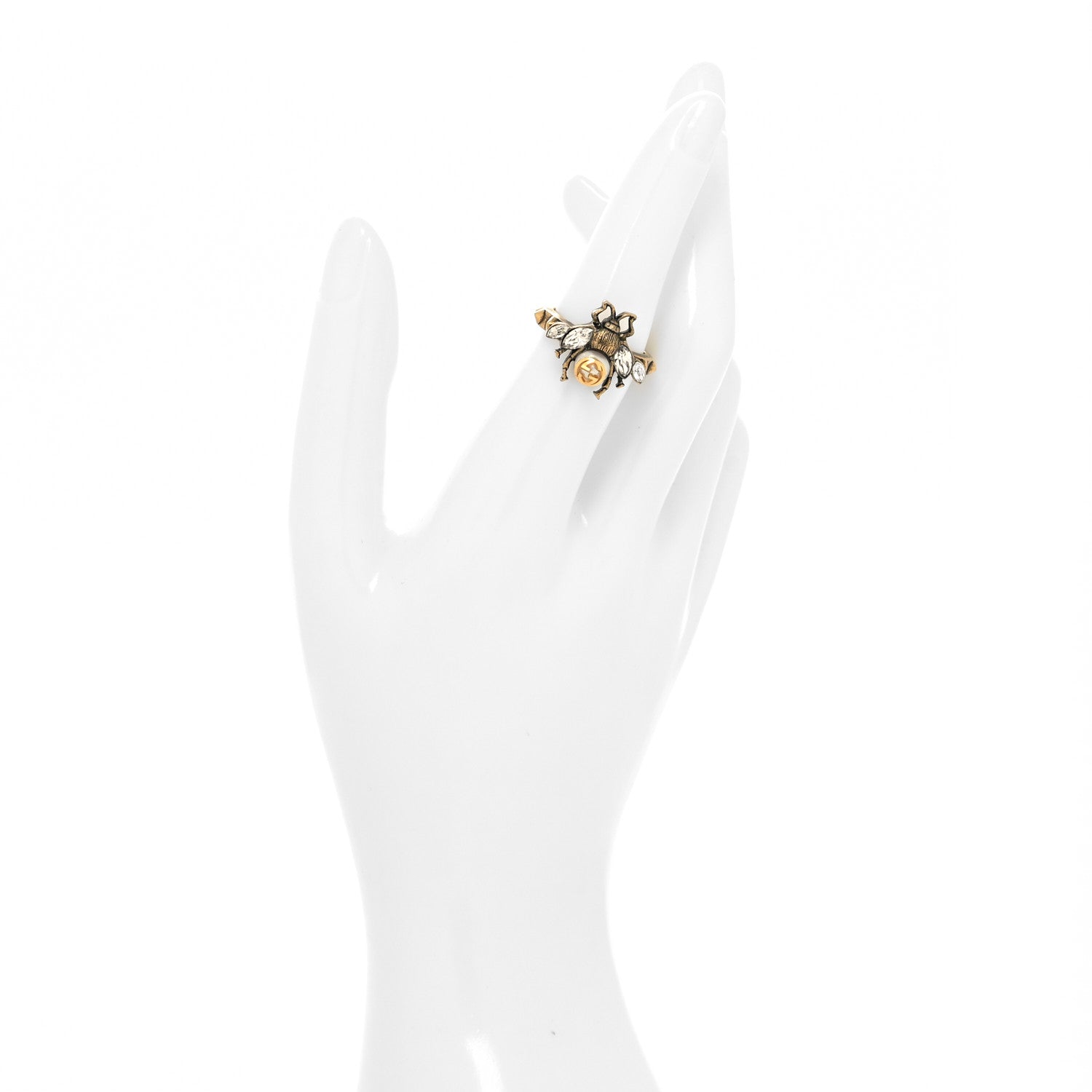 Gucci Metal Crystal Pearl Bee Ring S Aged Gold 2 of 4
