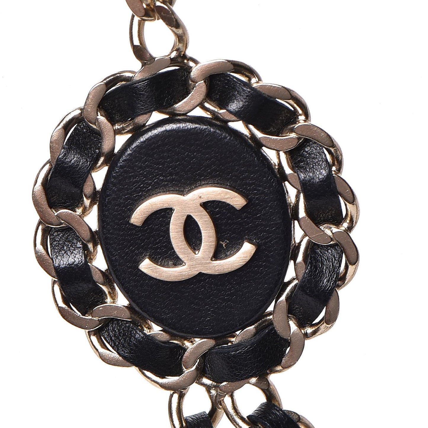 Lambskin CC Long Chain Necklace Black Gold