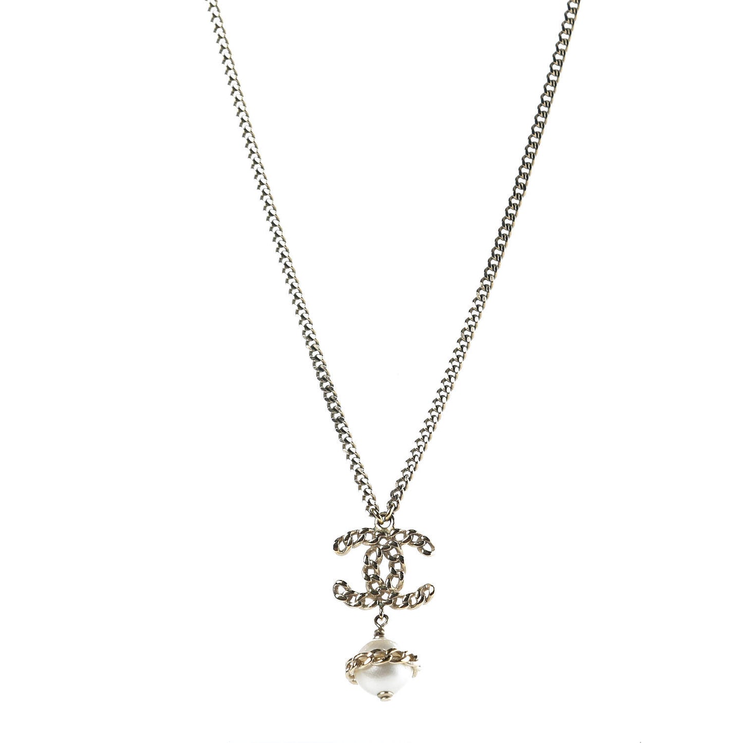 Chain CC Pearl Drop Necklace Gold
