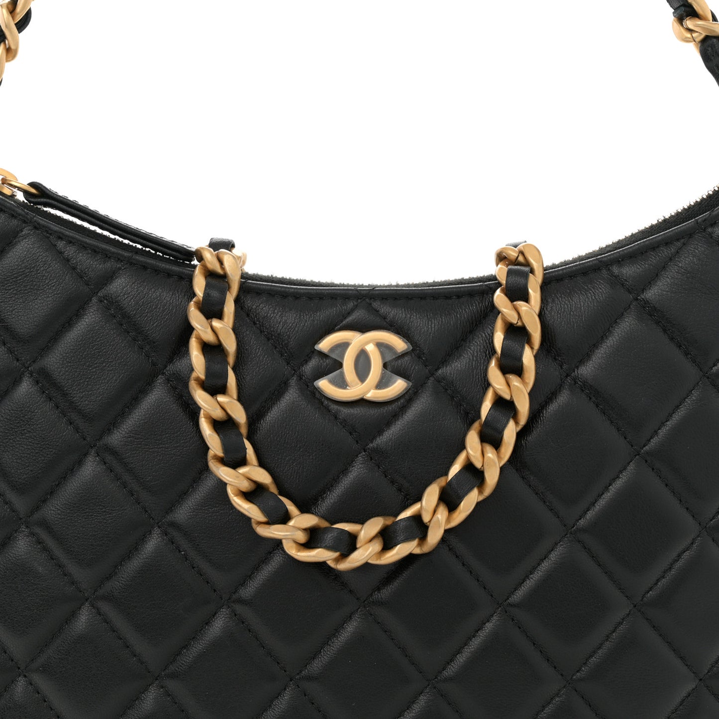 Shiny Crumpled Lambskin Quilted Large Trendy Chain Around Hobo Black