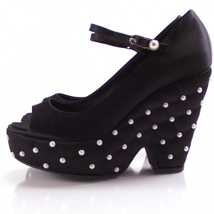 Chanel Satin Quilted Pearl Platform Heels 2 of 6