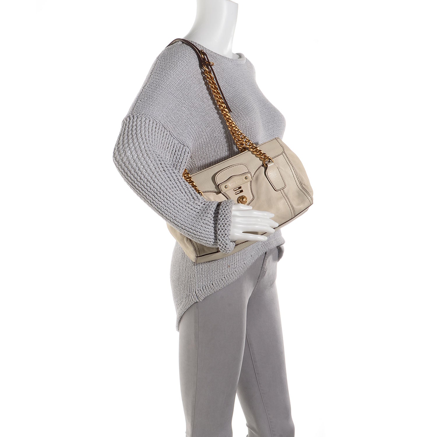 Miu Miu Leather Chain Shoulder Bag Ivory 2 of 9