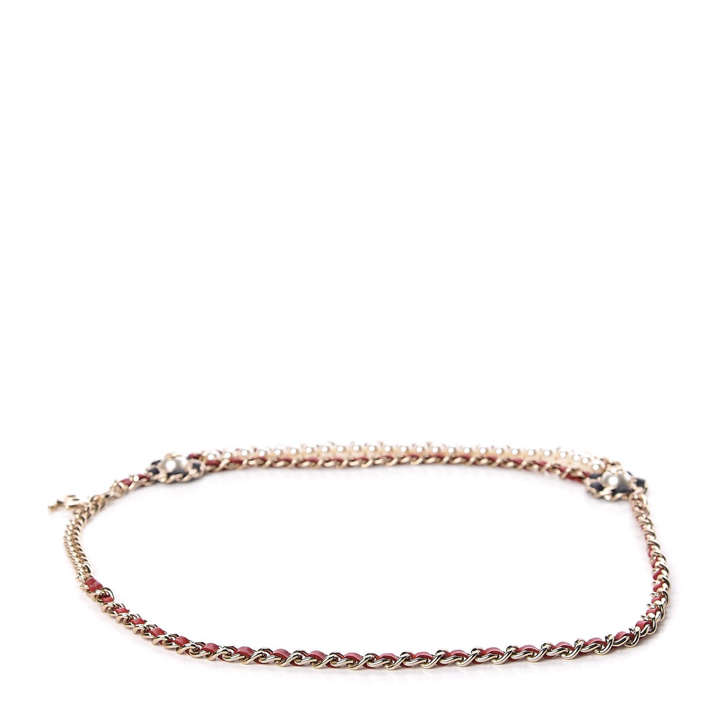 Lambskin Pearl Chain Camellia Fancy Belt 80 Black Red Gold