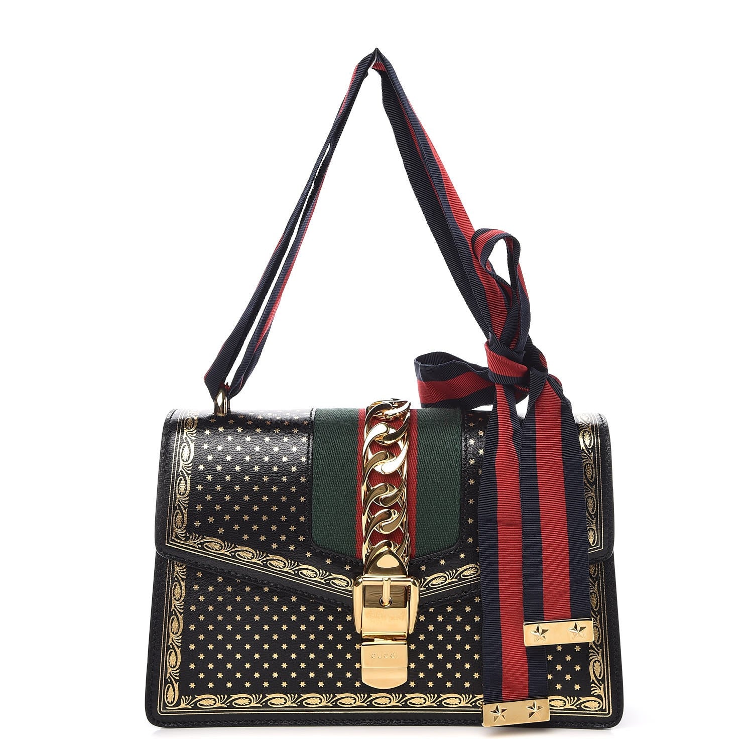 Gucci Calfskin Star Printed Small Sylvie Shoulder Bag Gold Black 1 of 7