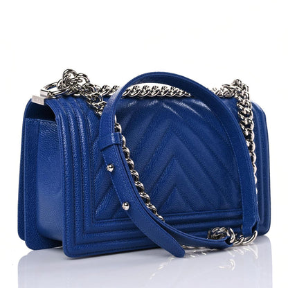 Chanel Caviar Chevron Quilted Medium Boy Flap Dark Blue 3 of 9