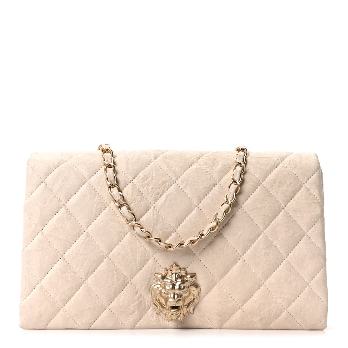 Lambskin Quilted Medium Leo Lion Flap Clutch Beige