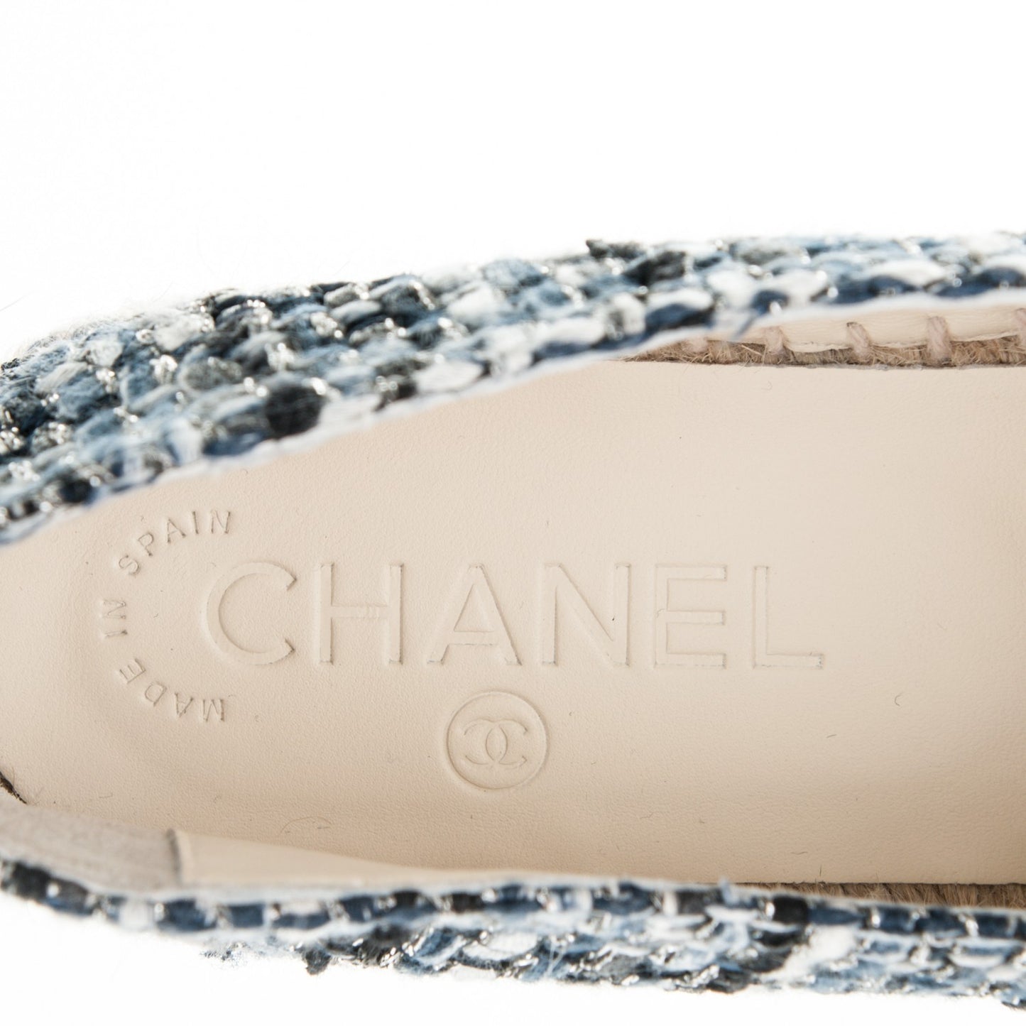 Metallic Tweed Patent CC Espadrilles 37 Blue Black Silver