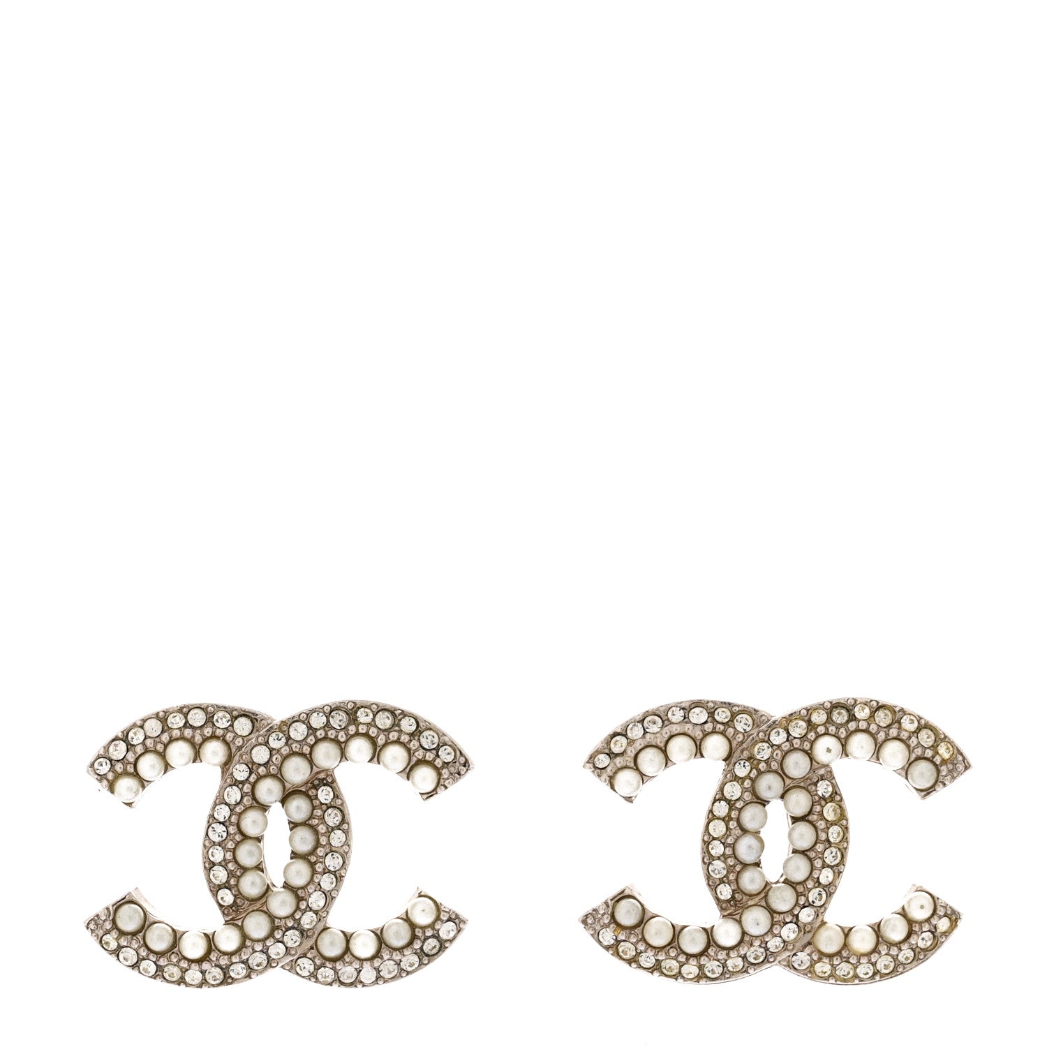 Chanel Pearl Crystal CC Earrings Silver 1 of 4