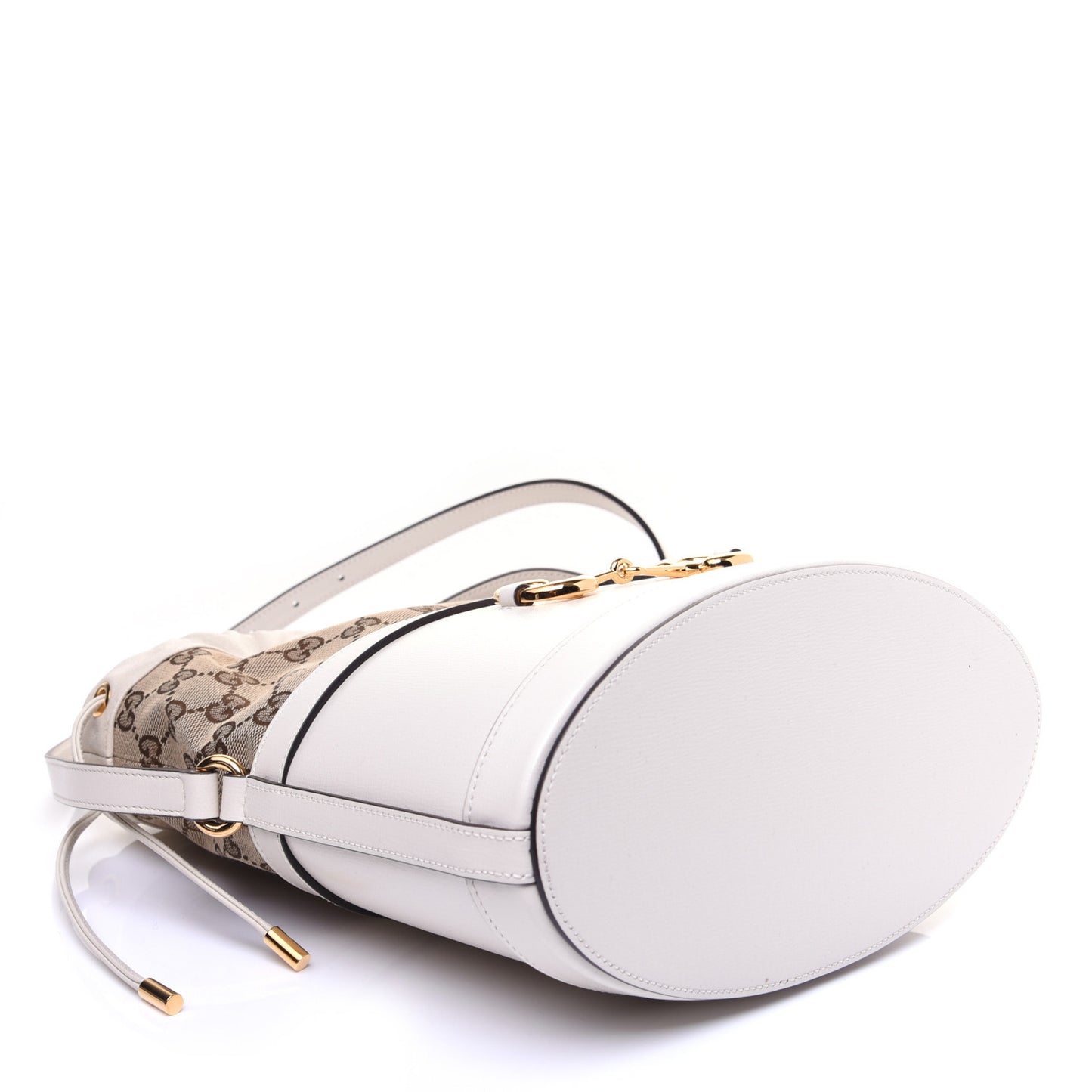 Monogram Textured Calfskin Horsebit 1955 Drawstring Bucket Bag Beige Mystic White