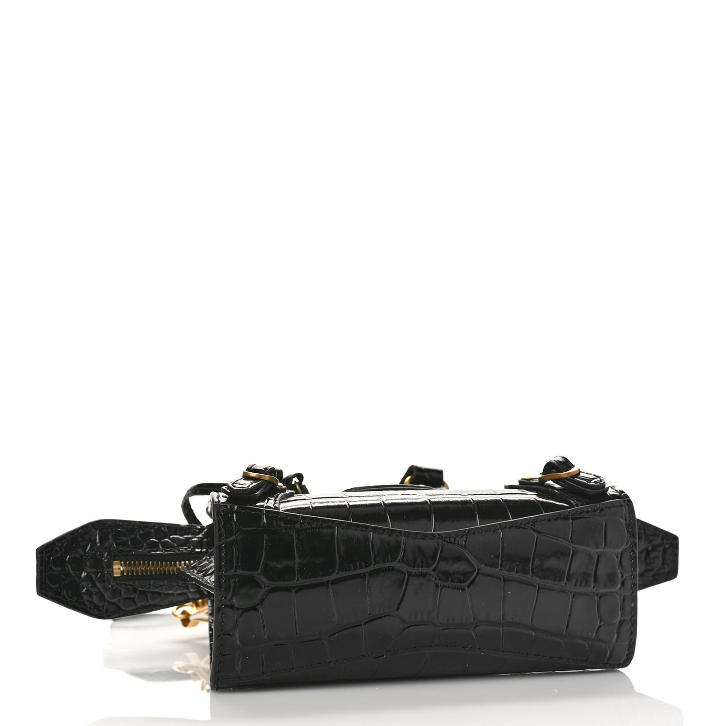 Shiny Supple Calfskin Crocodile Embossed Neo Classic Gold Hardware Nano City Crossbody Black