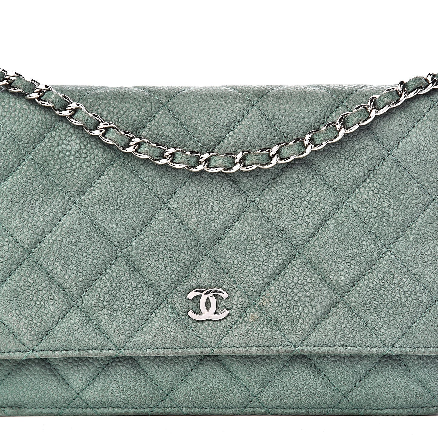 Iridescent Caviar Quilted Wallet On Chain WOC Green