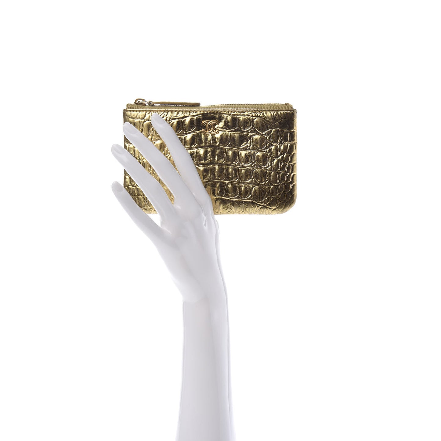 Metallic Calfskin Crocodile Embossed Cocodile Cosmetic Case Gold