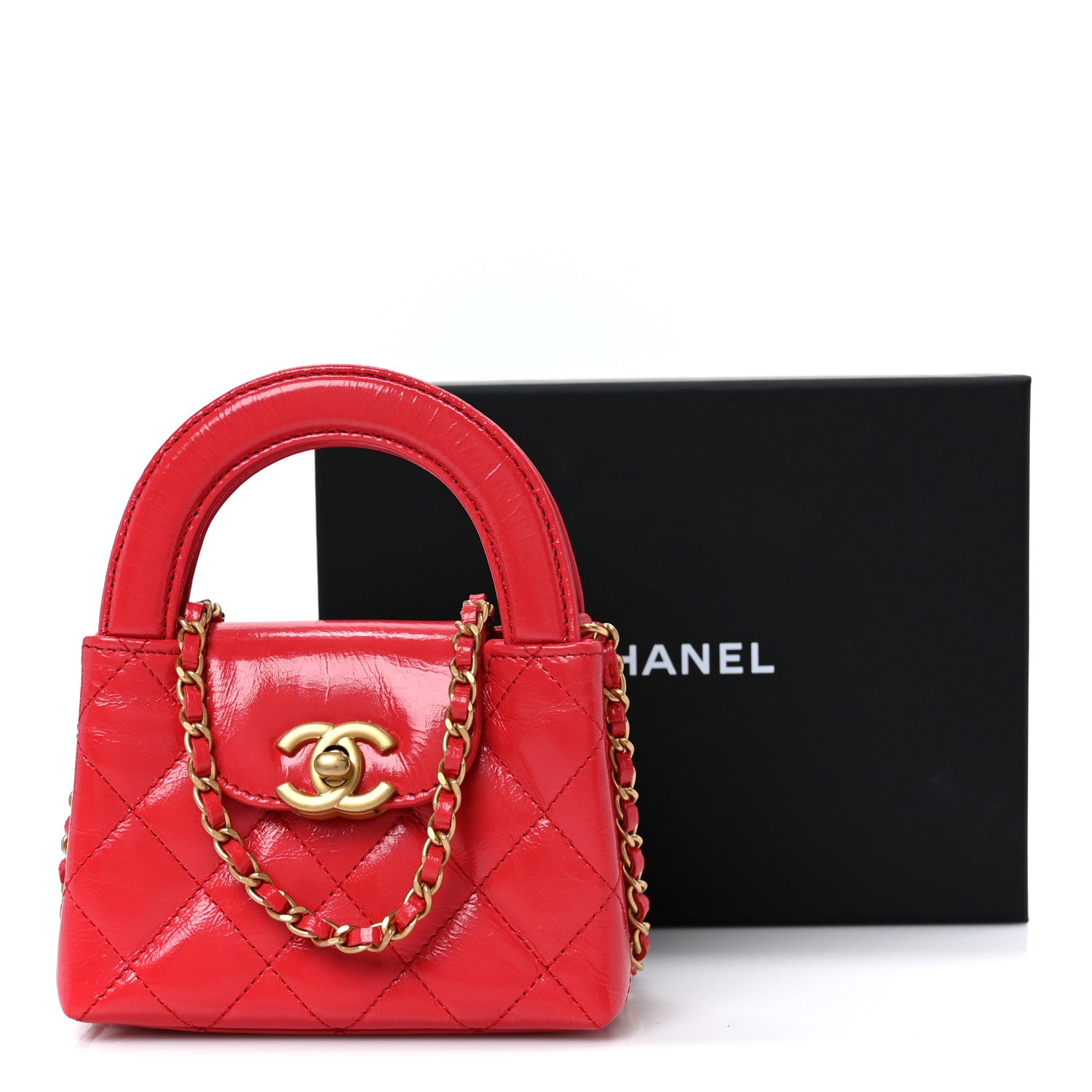 Chanel Shiny Aged Calfskin Quilted Mini Nano Kelly Shopper Red 10 of 10