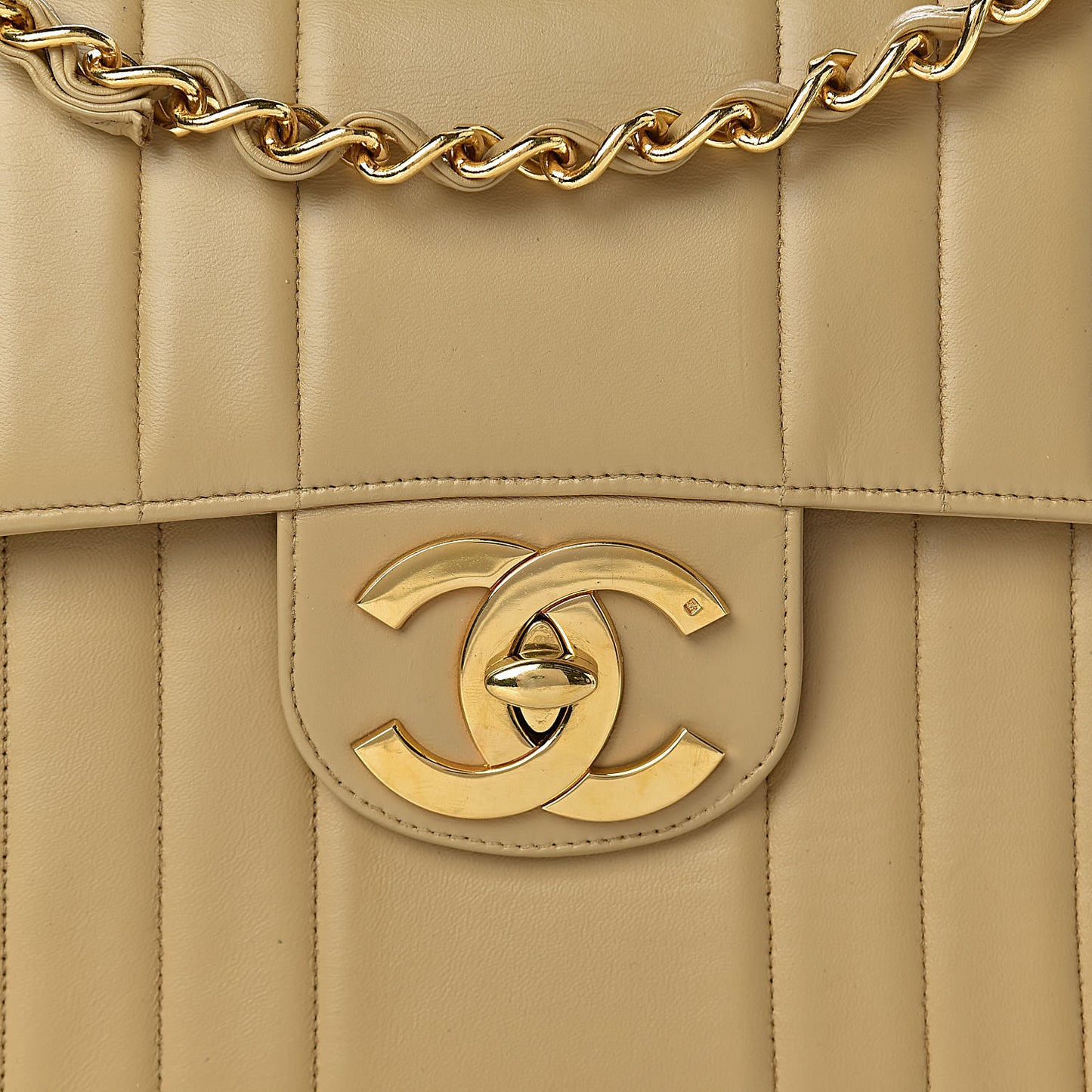 Lambskin Vertical Quilted Jumbo Single Flap Beige
