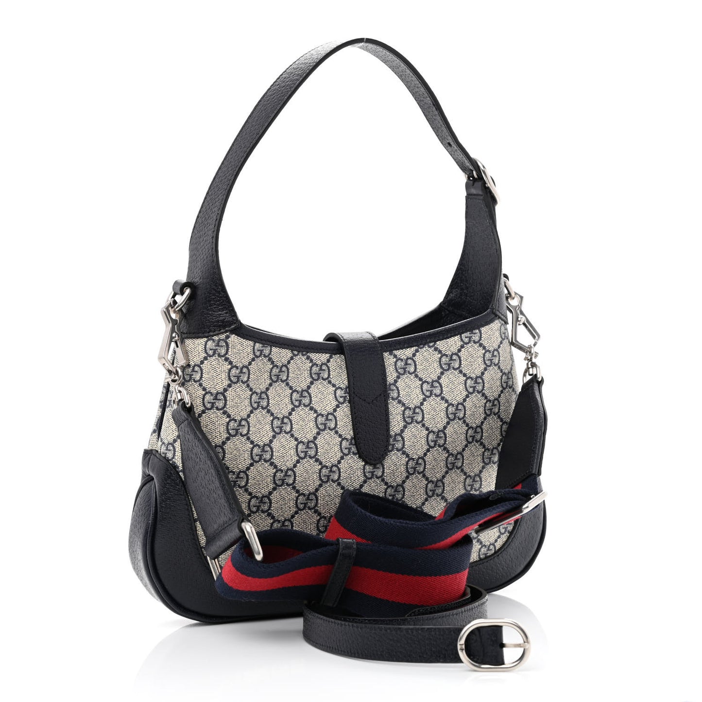 GG Supreme Monogram Textured Dollar Calfskin Web Small Jackie 1961 Hobo Beige Blue