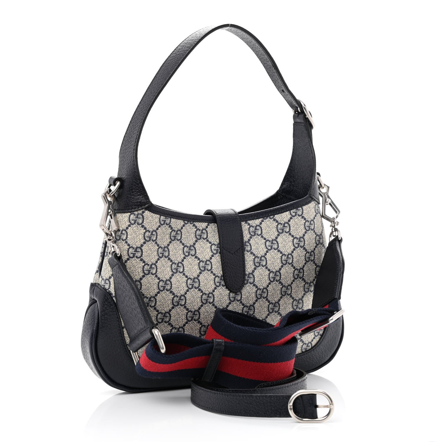 Gucci GG Supreme Monogram Textured Dollar Calfskin Web Small Jackie 1961 Hobo Beige Blue 3 of 10