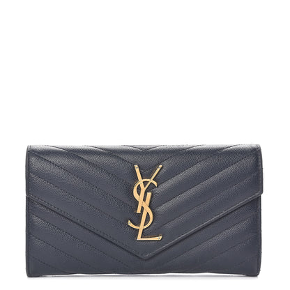Saint Laurent Grain De Poudre Matelasse Chevron Monogram Flap Wallet Deep Marine 1 of 12