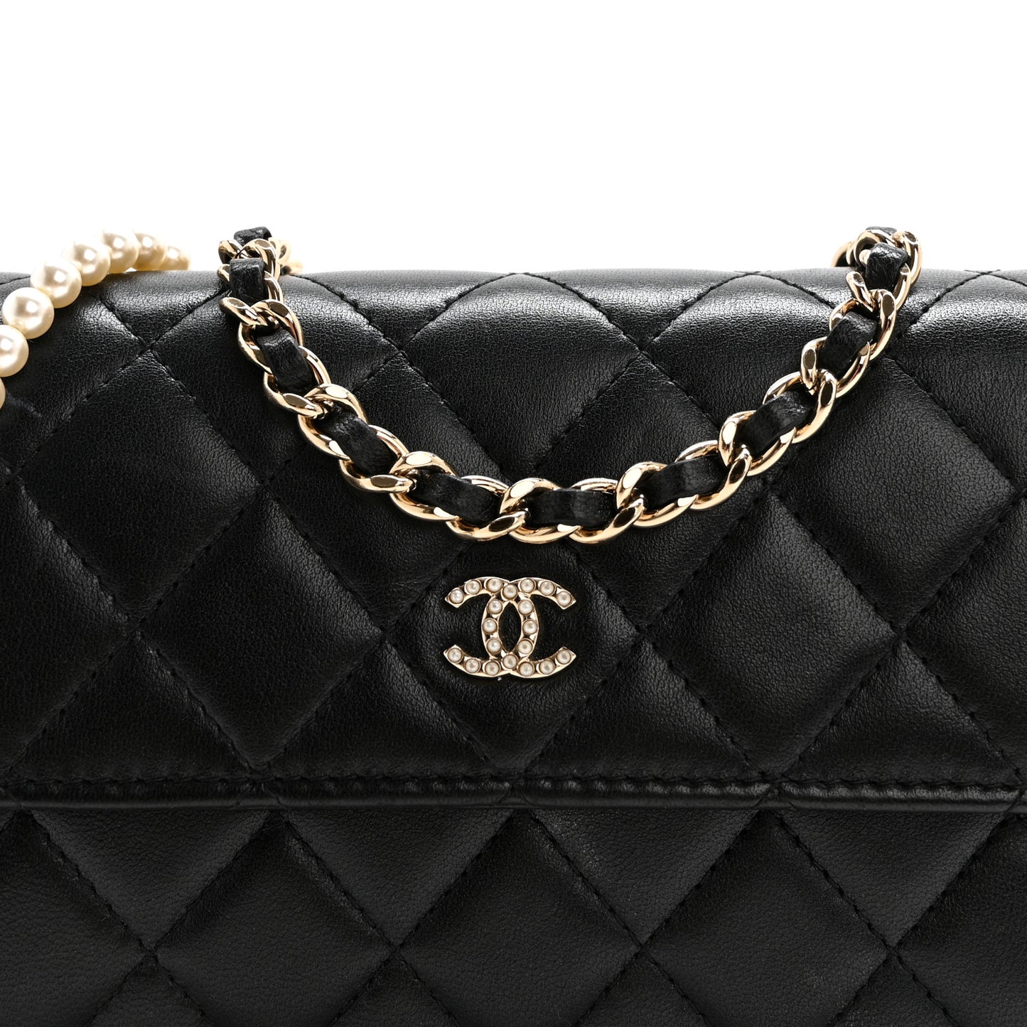 Lambskin Quilted Pearl My Shoulder Mini French Wallet On Chain WOC Black
