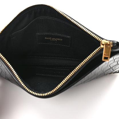 Saint Laurent Calfskin Crocodile Embossed Monogram Bill Pouch Black 5 of 7