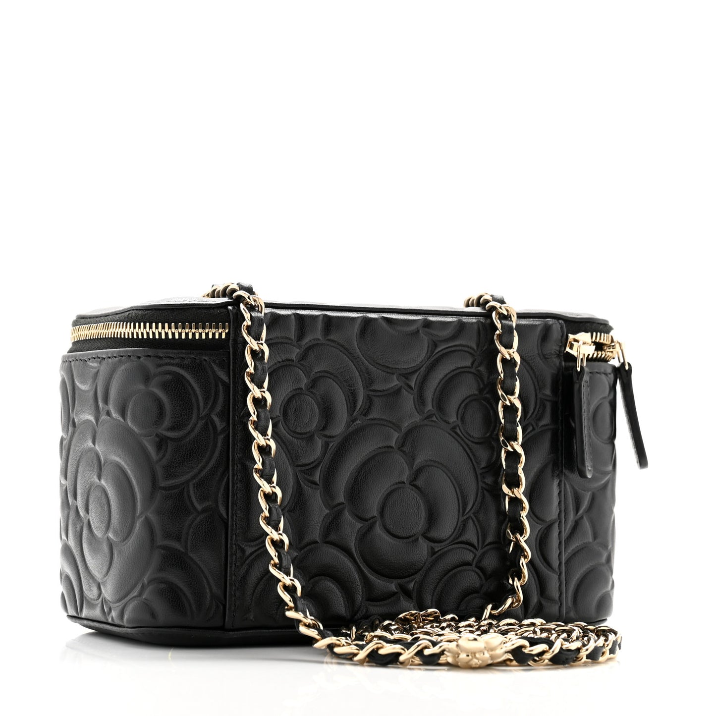 Lambskin Camellia Embossed Small Vanity Case With Chain Black