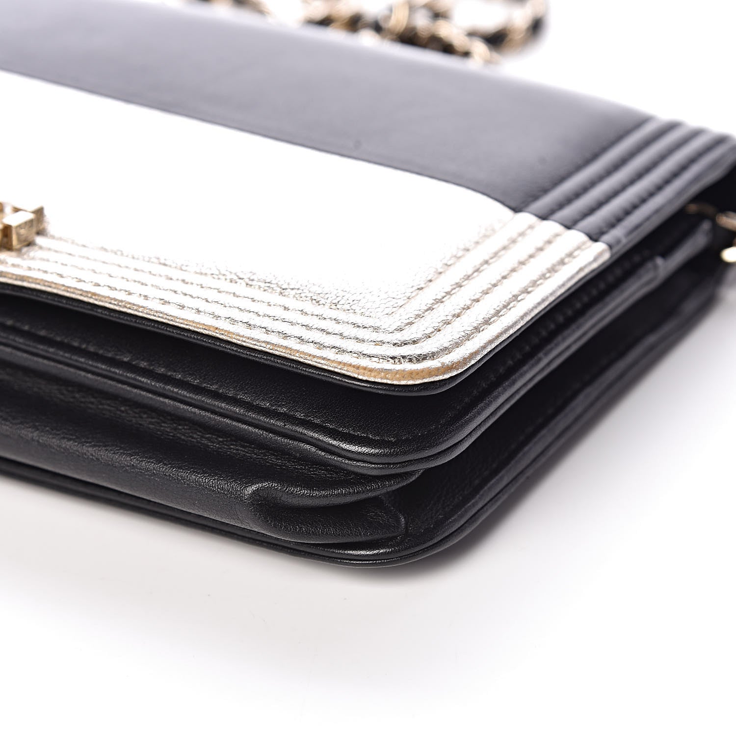 Chanel Metallic Goatskin Lambskin Boy Wallet on Chain WOC Black Gold 13 of 13