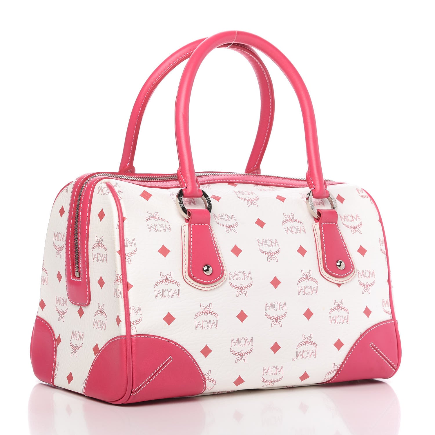 MCM Visetos Medium Boston Bag Pink White 3 of 10