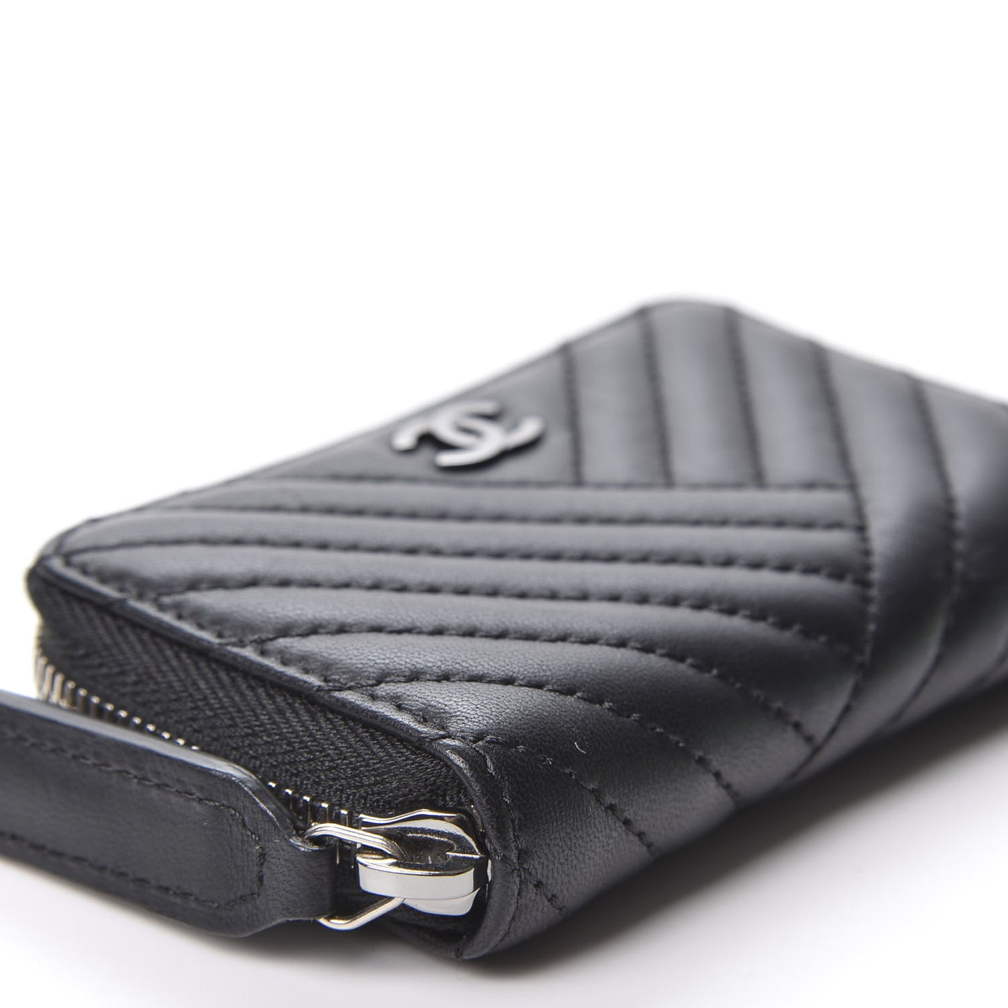 Lambskin Chevron Zip Around Coin Purse Wallet Black