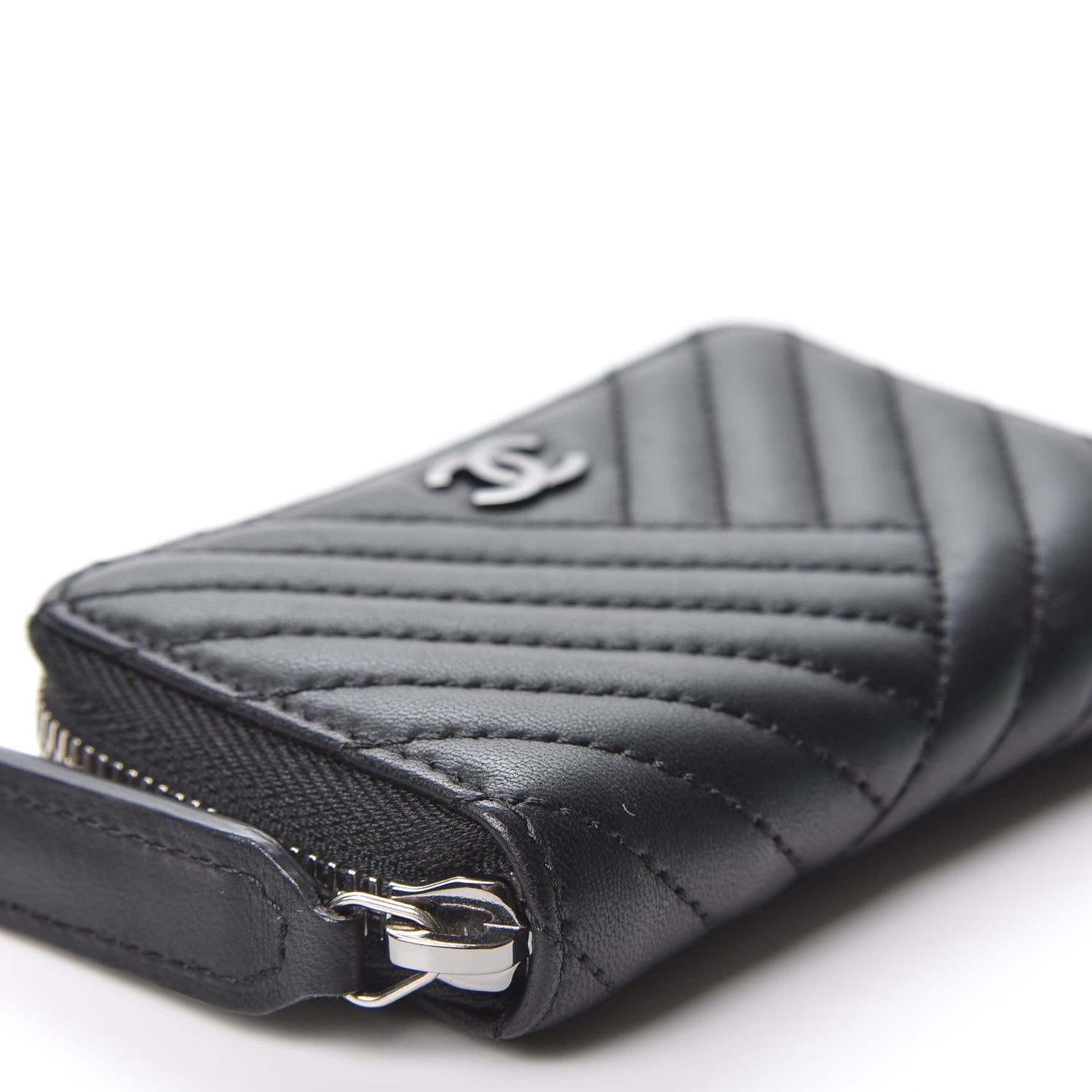 Chanel Lambskin Chevron Zip Around Coin Purse Wallet Black 5 of 10