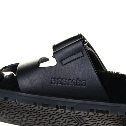 Hermes Calfskin Woolskin Womens Chypre Sandals 37 Black 11 of 12