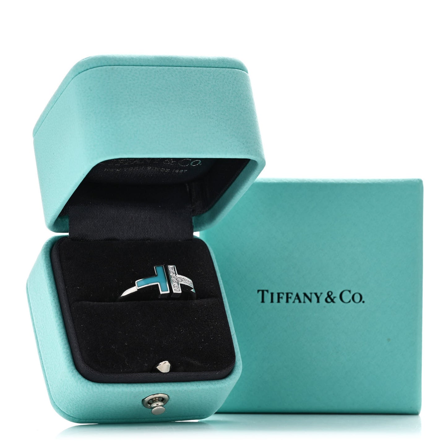 18K White Gold Diamond Turquoise T Wire Ring 58 8.25