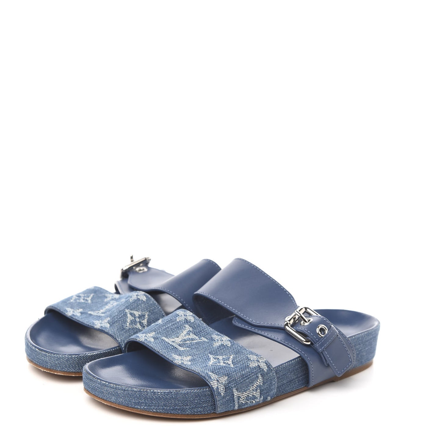 Monogram Denim Bom Dia Flat Mule Sandals 36 Blue