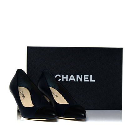 Chanel Lambskin Pearl Cap Toe Pumps 37 Navy Blue Black 10 of 10