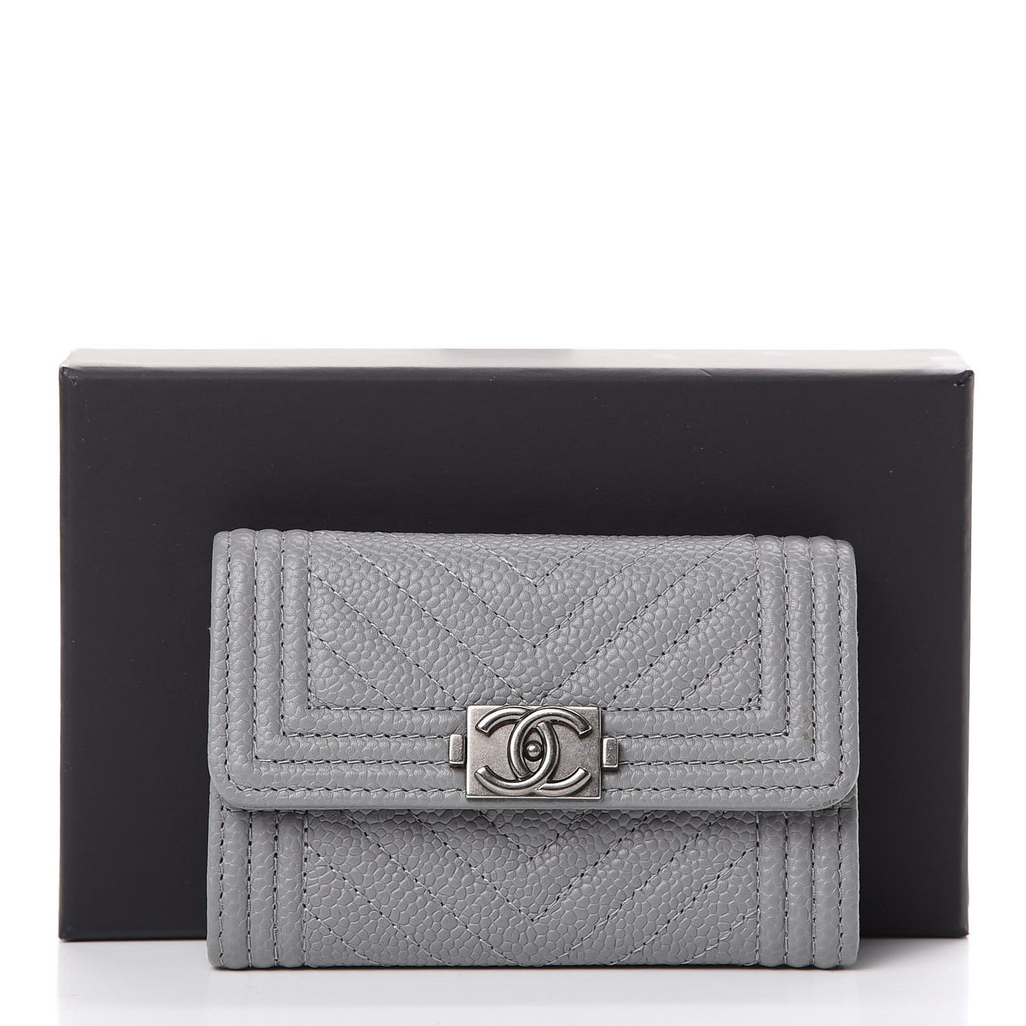 Caviar Chevron Quilted Boy Flap Card Holder Grey