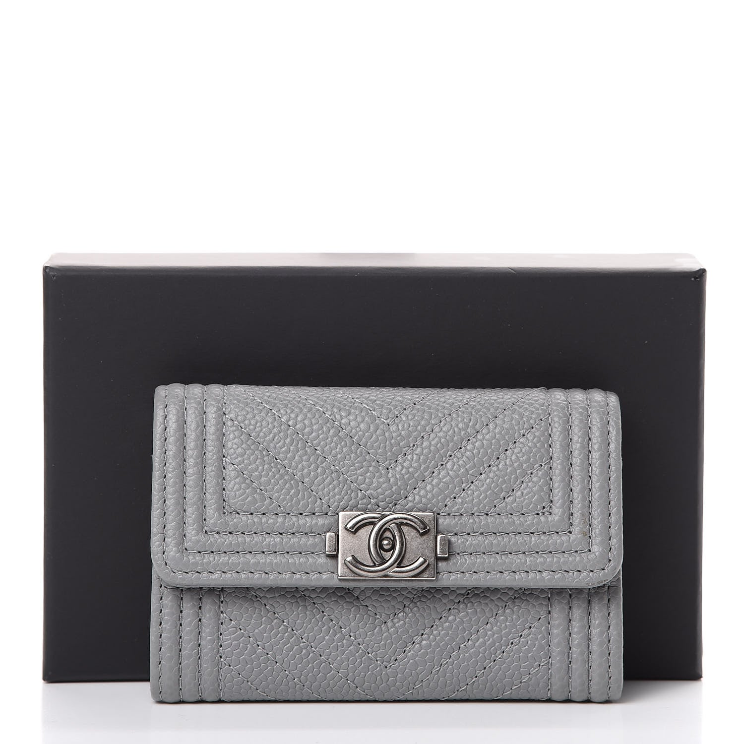 Chanel Caviar Chevron Quilted Boy Flap Card Holder Grey 13 of 13