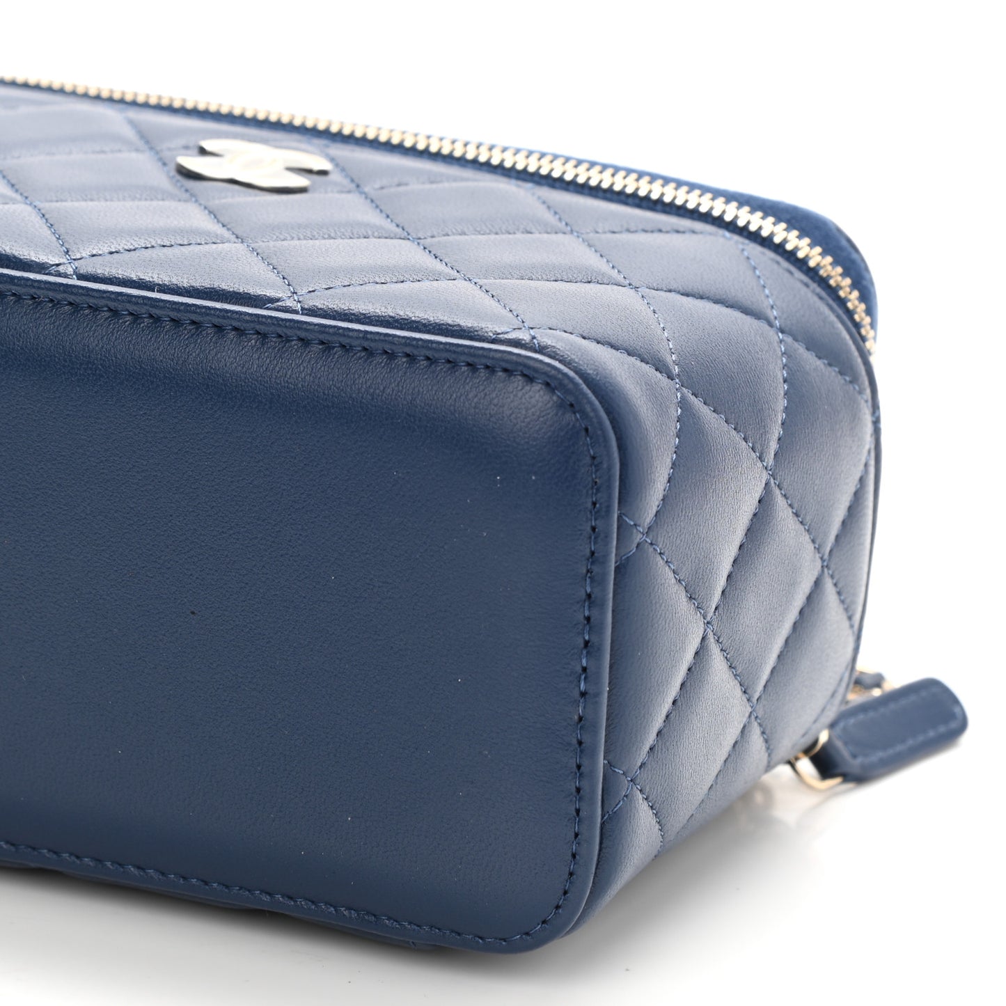 Lambskin Quilted Small Top Handle Vanity Case With Chain Dark Blue