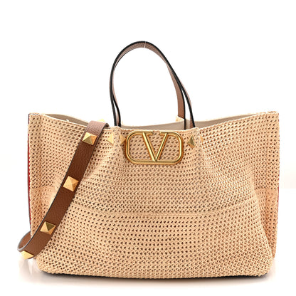 Valentino Garavani Raffia Grained Calfskin Medium Rockstud Vlogo Tote Naturale 1 of 11